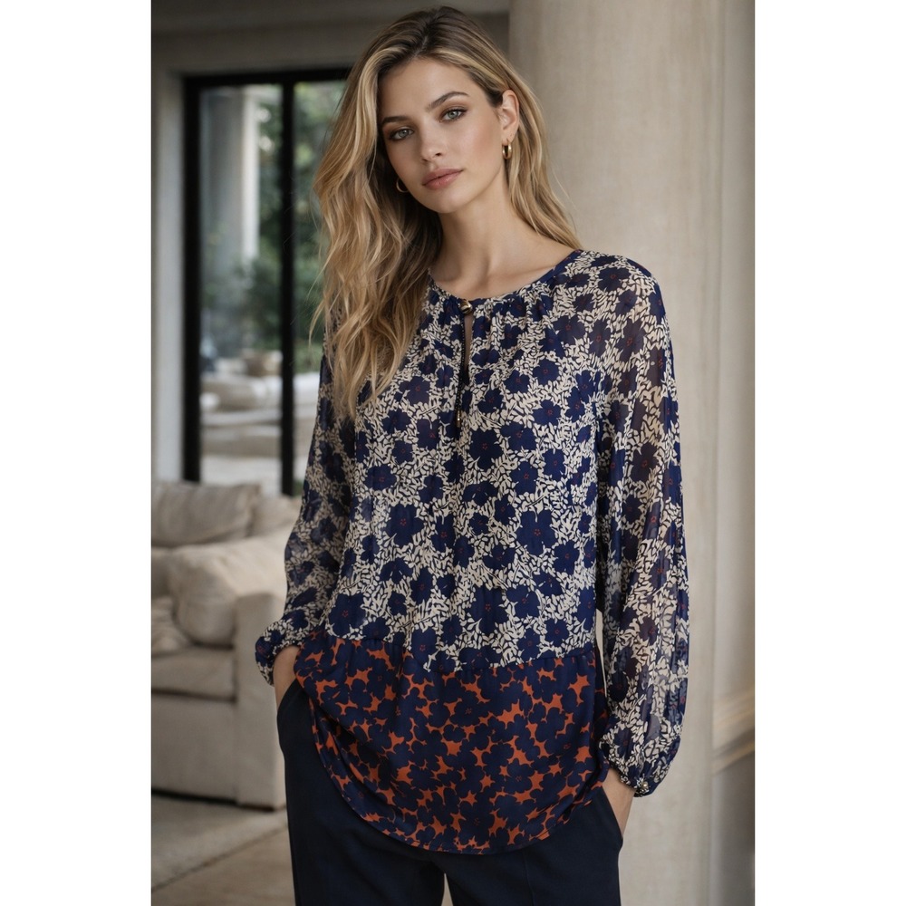 Tory Burch Silk Blouse Women's 6 Blue Floral Long Sleeve Bohemian Top‎ Designer